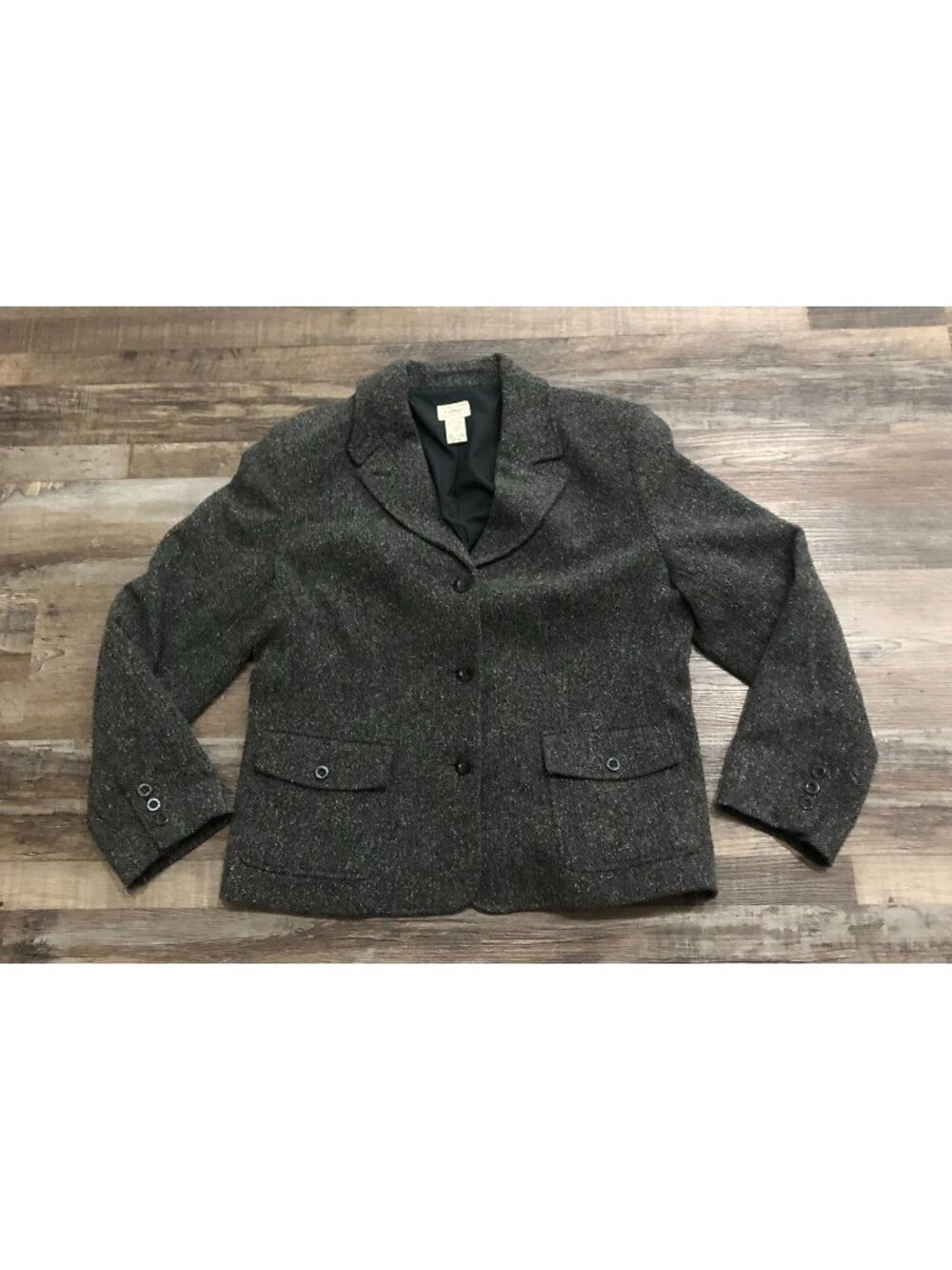 Vintage L.L. Bean Womens Large Petite Gray Herringbone Tweed Blazer Wool Blend